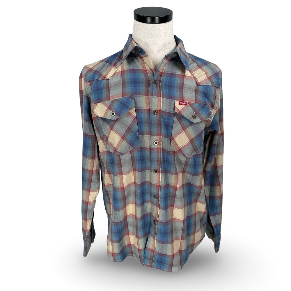 Wrangler Plaid Western Shirt Men's Long Sleeve Button Up Blue Red Beige Size M